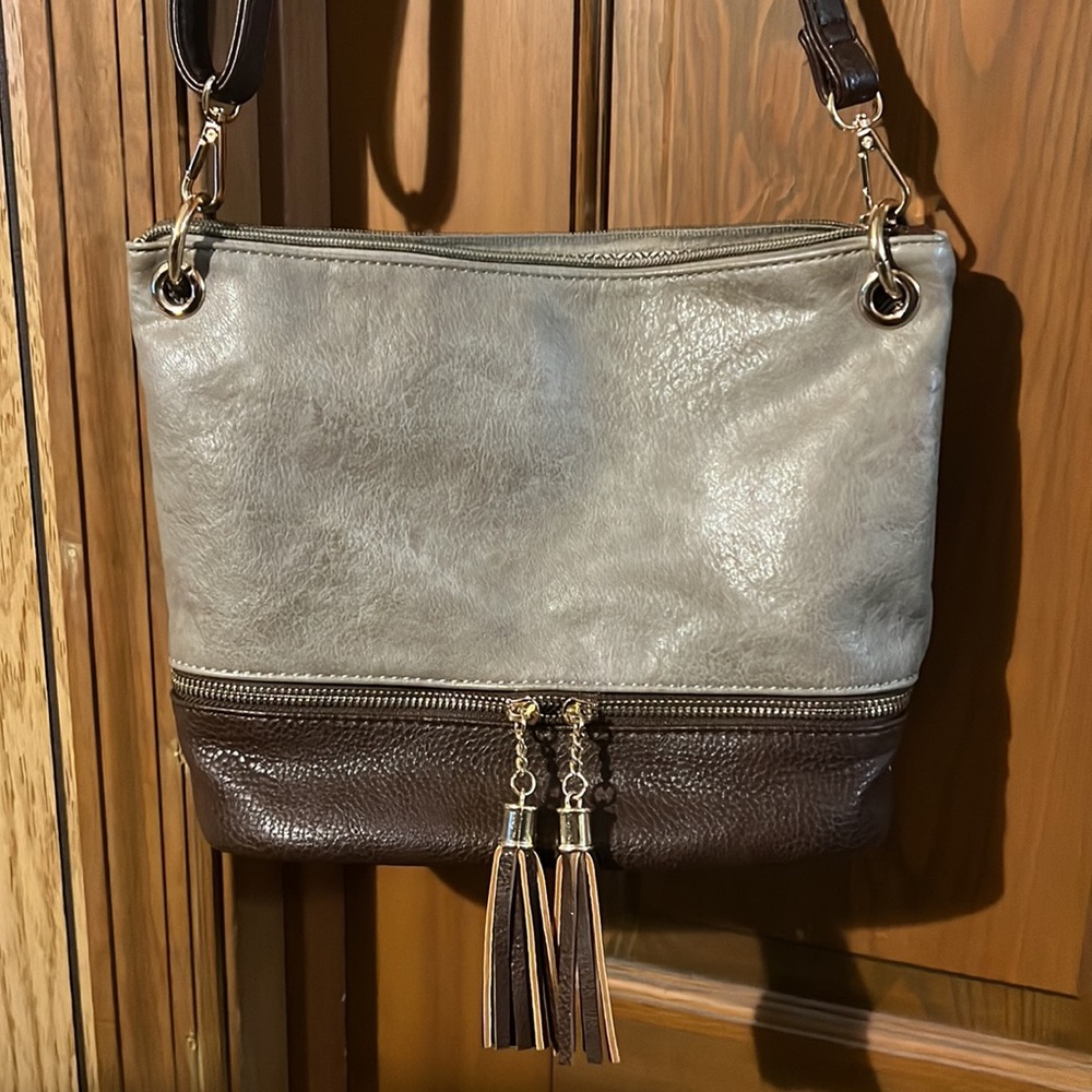 Metallic gray and brown crossbody